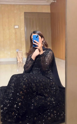 Black Designer Anarkali Sharara Set in Faux Blooming with Heavy Sequins & Thread Embroidery ClothsVilla