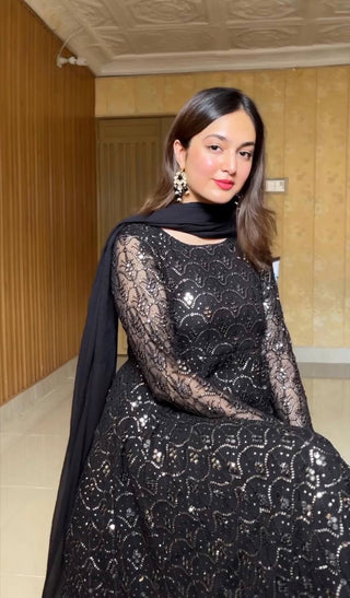 Black Designer Anarkali Sharara Set in Faux Blooming with Heavy Sequins & Thread Embroidery ClothsVilla
