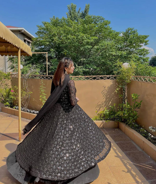 Black Designer Anarkali Sharara Set in Faux Blooming with Heavy Sequins & Thread Embroidery ClothsVilla