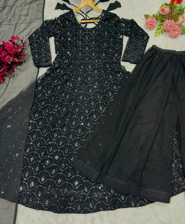 Black Designer Anarkali Sharara Set in Faux Blooming with Heavy Sequins & Thread Embroidery ClothsVilla