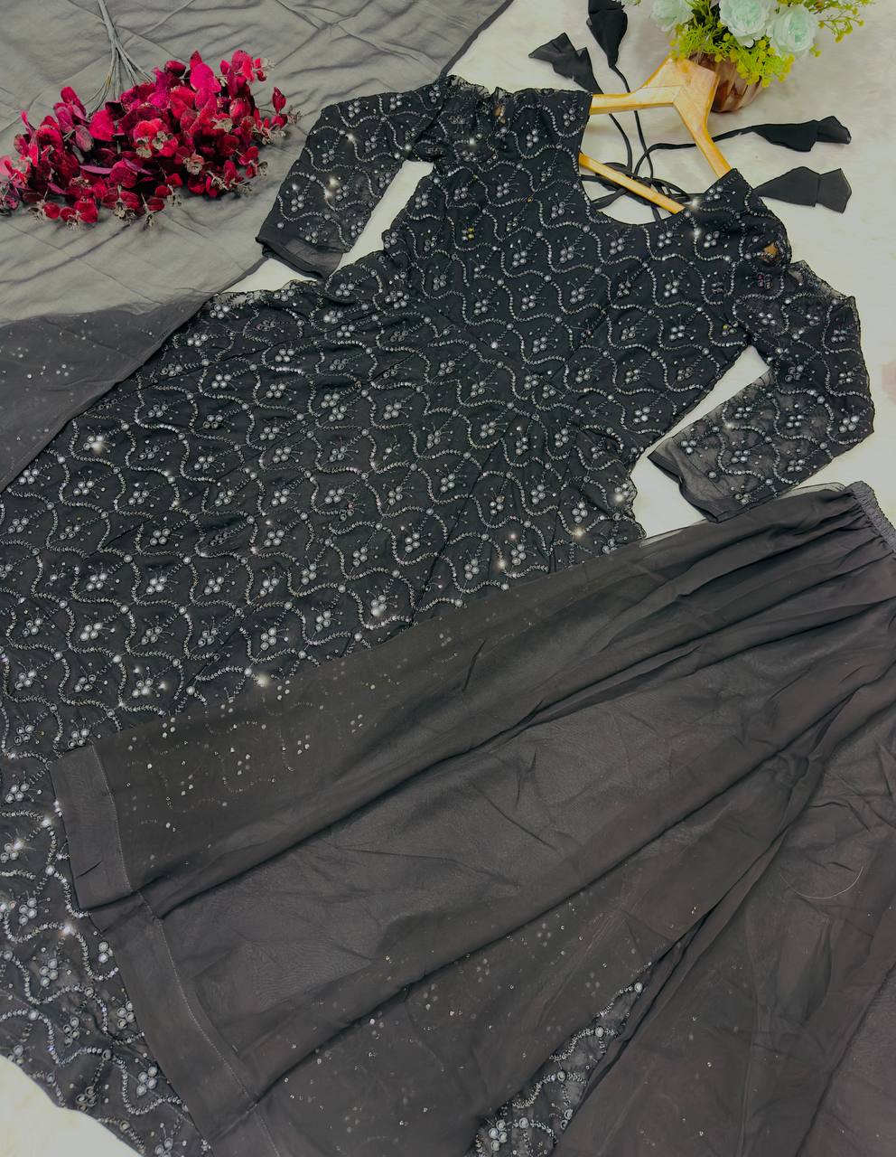 Black Designer Anarkali Sharara Set in Faux Blooming with Heavy Sequins & Thread Embroidery ClothsVilla