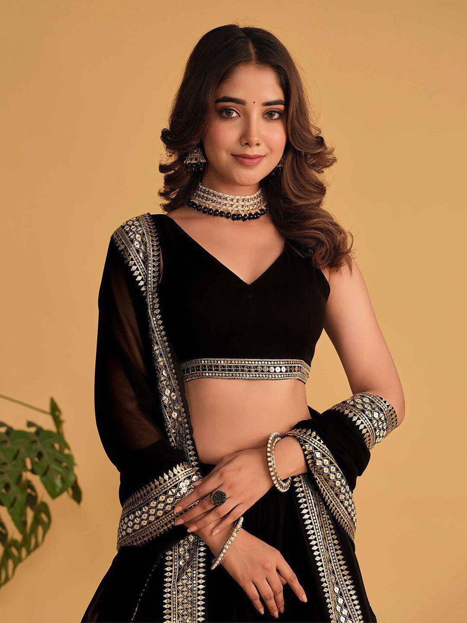 Black Designer Dyeable Faux Blooming Lehenga Choli with 7mm Sequins Embroidery & Lace-Border Dupatta ClothsVilla