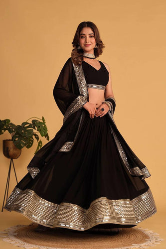 Black Designer Dyeable Faux Blooming Lehenga Choli with 7mm Sequins Embroidery & Lace-Border Dupatta ClothsVilla