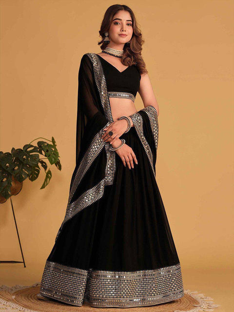 Black Designer Dyeable Faux Blooming Lehenga Choli with 7mm Sequins Embroidery & Lace-Border Dupatta ClothsVilla Main image