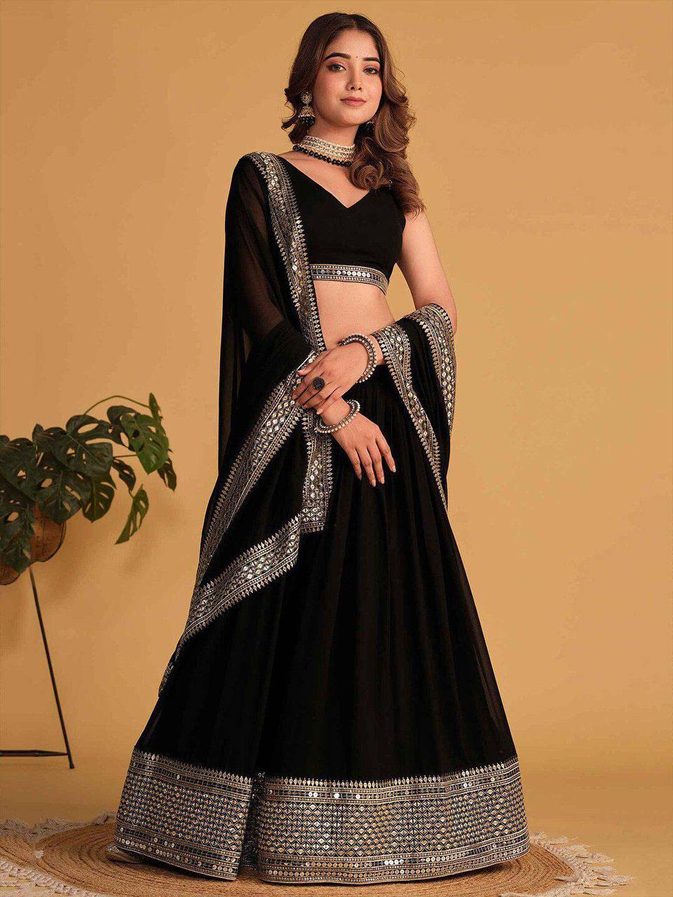 Black Designer Dyeable Faux Blooming Lehenga Choli with 7mm Sequins Embroidery & Lace-Border Dupatta ClothsVilla Main image