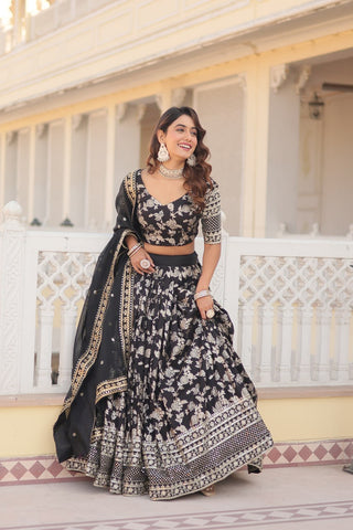 Black Designer Dyeable Pure Viscose Jacquard Fabric Lehenga Choli & Dupatta Set ClothsVilla