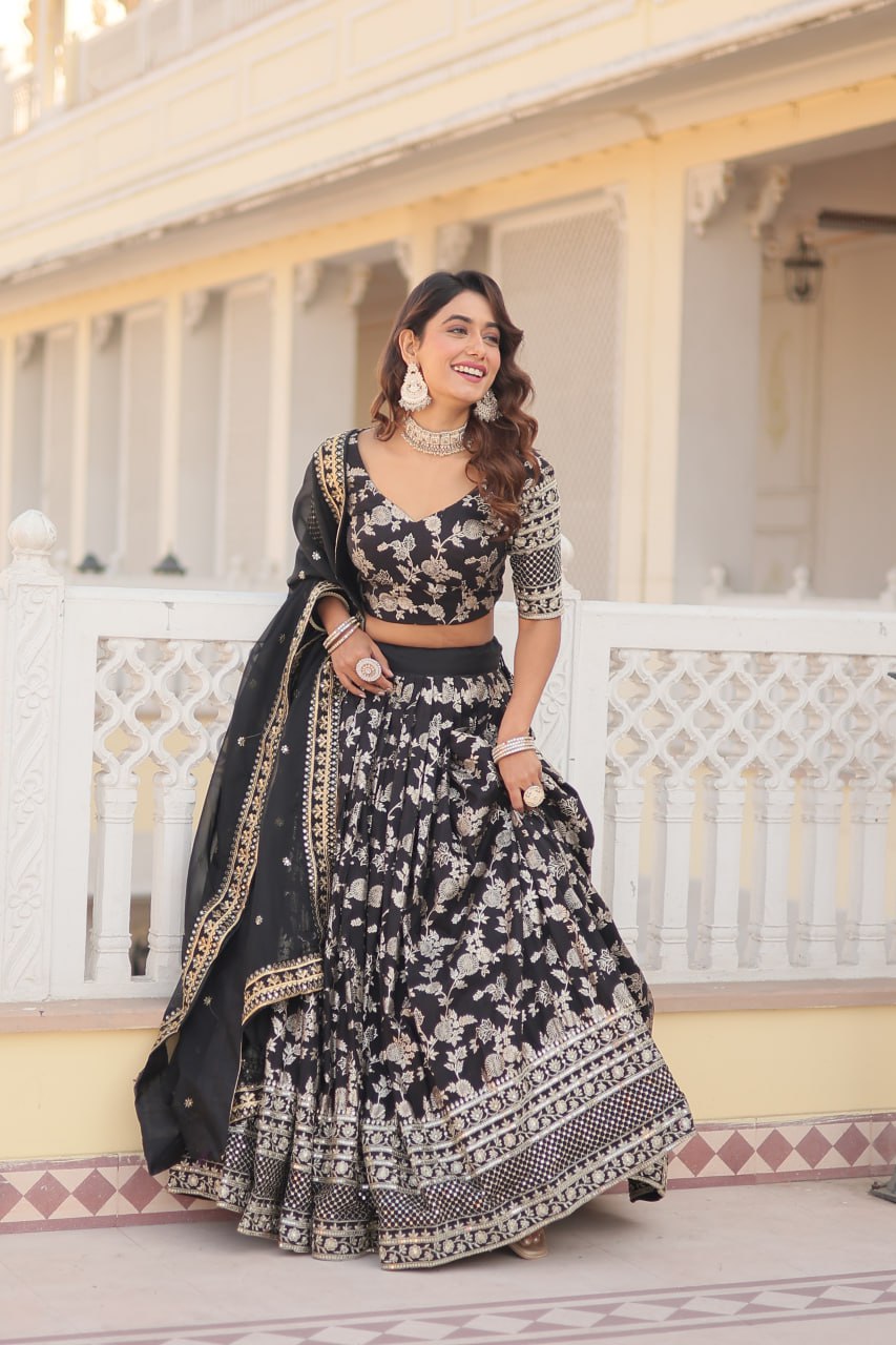 Black Designer Dyeable Pure Viscose Jacquard Fabric Lehenga Choli Dupatta Set