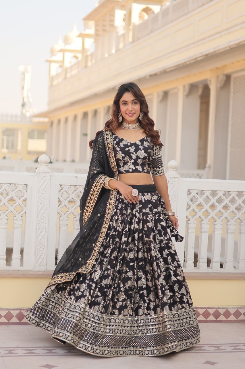 Black Designer Dyeable Pure Viscose Jacquard Fabric Lehenga Choli & Dupatta Set ClothsVilla