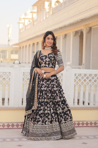 Black Designer Dyeable Pure Viscose Jacquard Fabric Lehenga Choli & Dupatta Set ClothsVilla