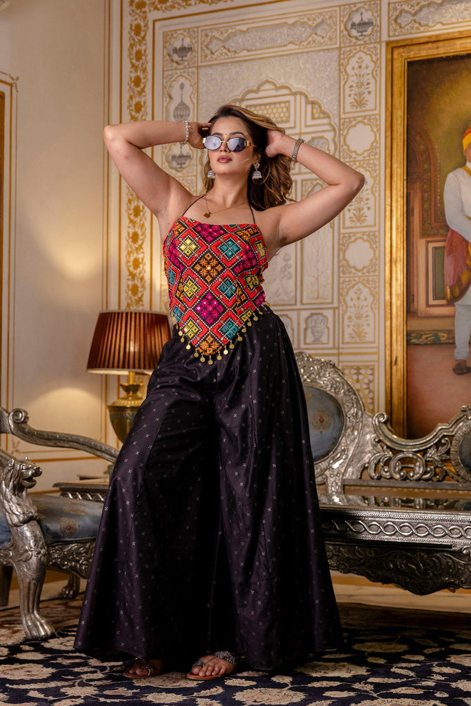 Black Designer Embroidered Bangalori Silk Top with Pure Butti Flairy Palazzo Set ClothsVilla
