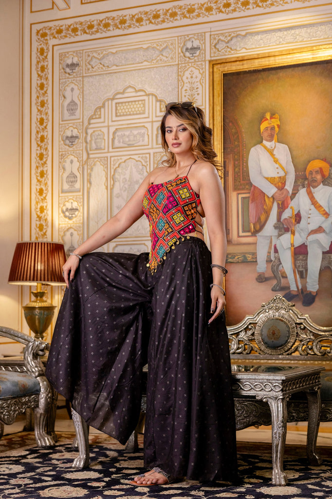 Black Designer Embroidered Bangalori Silk Top with Pure Butti Flairy Palazzo Set ClothsVilla