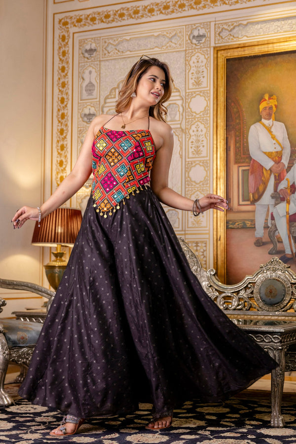 Black Designer Embroidered Bangalori Silk Top with Pure Butti Flairy Palazzo Set ClothsVilla