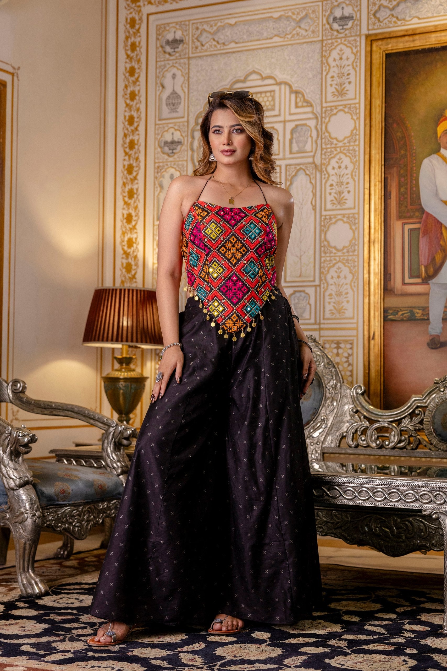 Black Designer Embroidered Bangalori Silk Top with Pure Butti Flairy Palazzo Set Secondary image