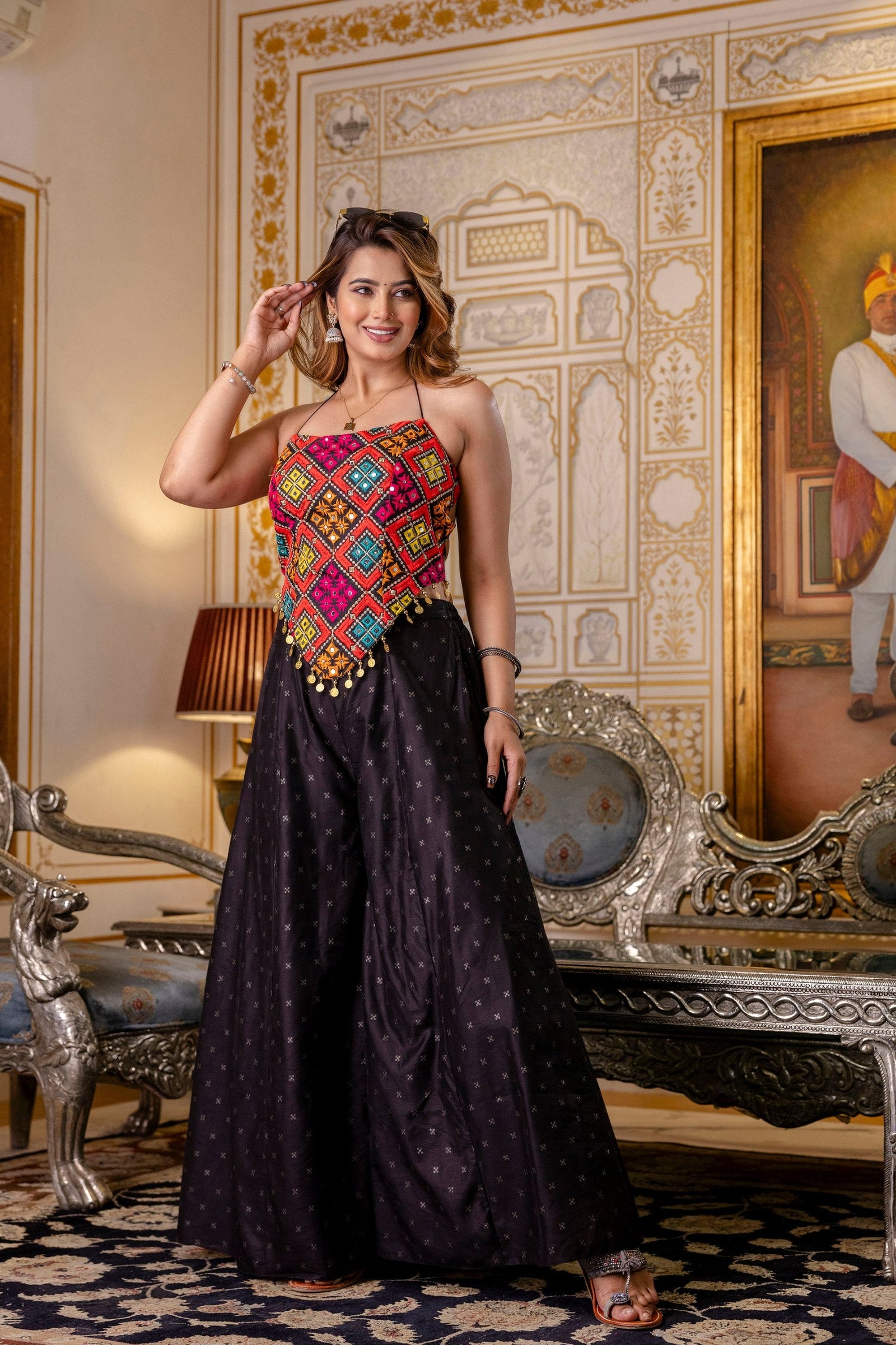 Black Designer Embroidered Bangalori Silk Top with Pure Butti Flairy Palazzo Set ClothsVilla