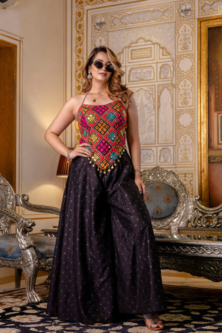 Black Designer Embroidered Bangalori Silk Top with Pure Butti Flairy Palazzo Set ClothsVilla