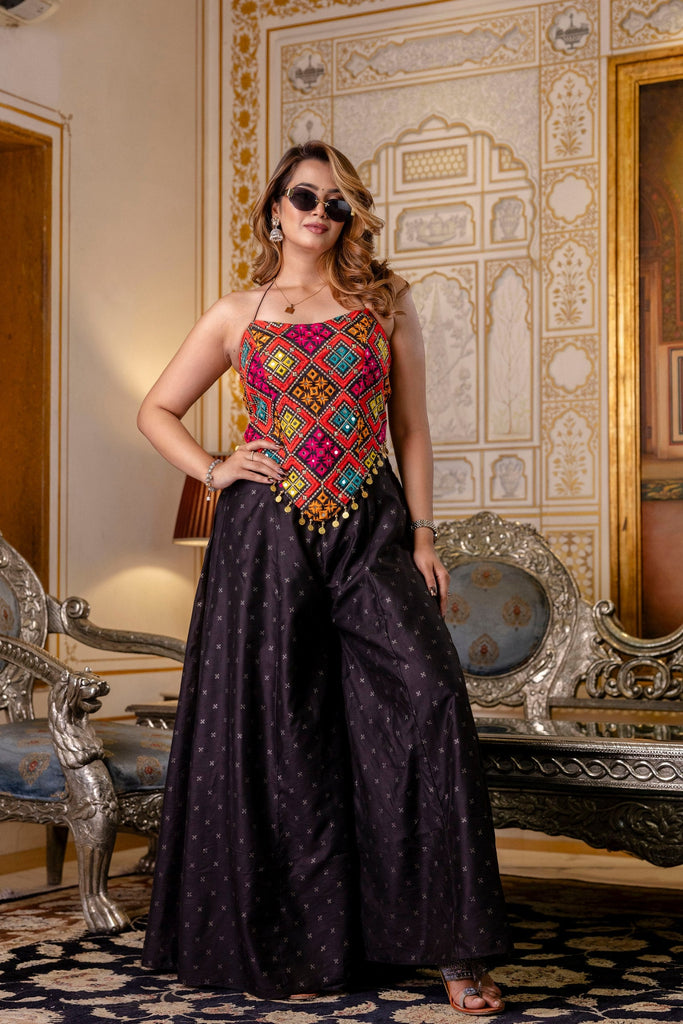 Black Designer Embroidered Bangalori Silk Top with Pure Butti Flairy Palazzo Set ClothsVilla