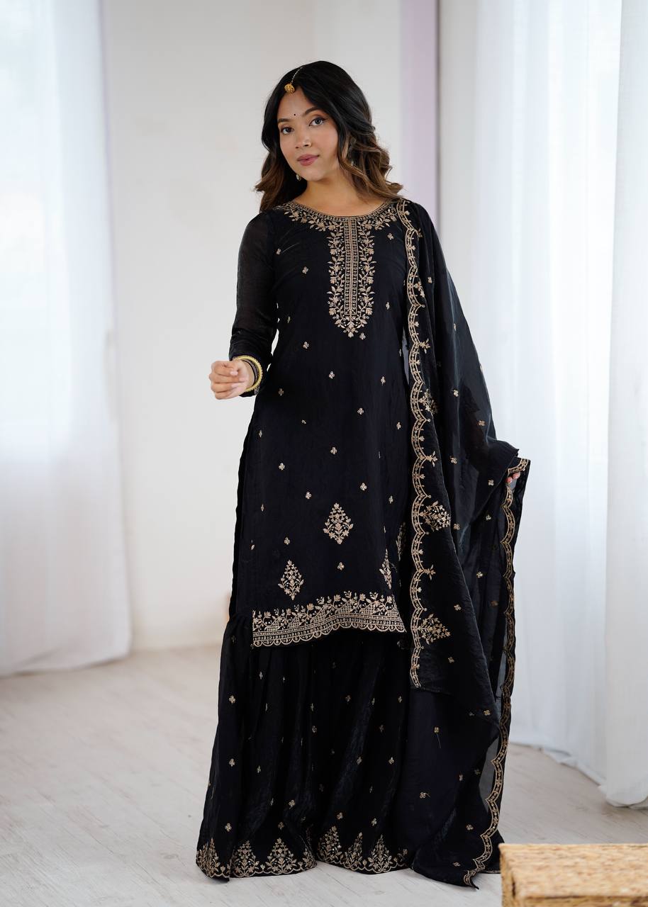 Black Designer Embroidered Crunchy Silk Kediyakurta Sharara Set with Dupatta – Fully Stitched & Ready to Wear ClothsVilla