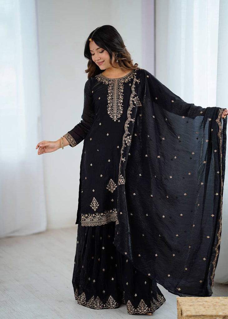 Black Designer Embroidered Crunchy Silk Kediyakurta Sharara Set with Dupatta – Fully Stitched & Ready to Wear ClothsVilla