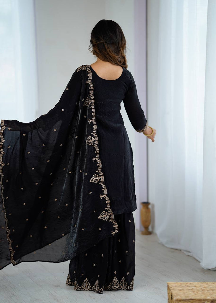Black Designer Embroidered Crunchy Silk Kediyakurta Sharara Set with Dupatta – Fully Stitched & Ready to Wear ClothsVilla