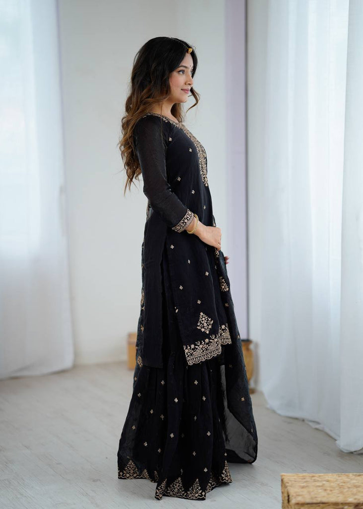 Black Designer Embroidered Crunchy Silk Kediyakurta Sharara Set with Dupatta – Fully Stitched & Ready to Wear ClothsVilla