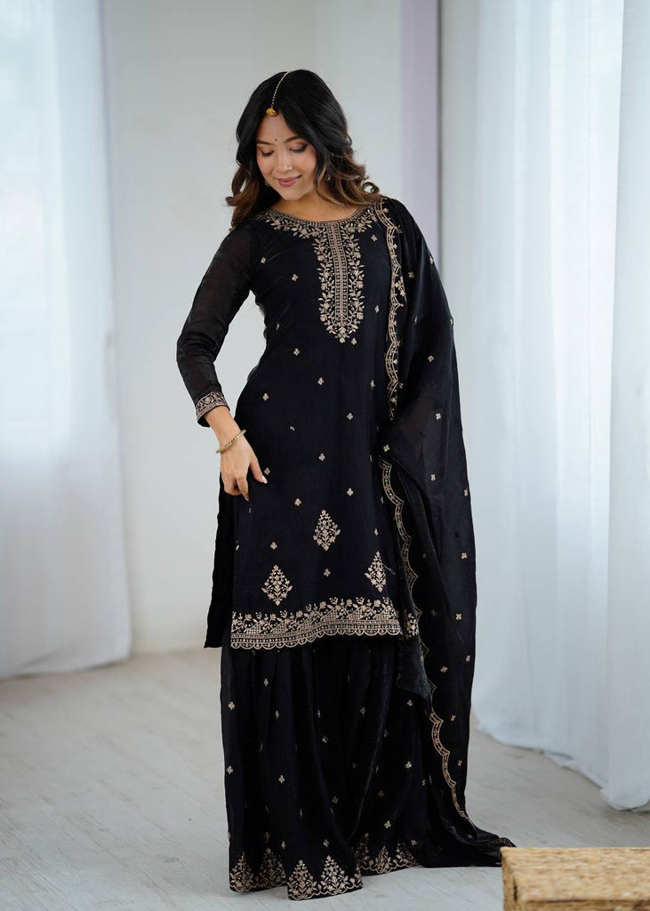 Black Designer Embroidered Crunchy Silk Kediyakurta Sharara Set with Dupatta – Fully Stitched & Ready to Wear ClothsVilla
