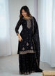 Load image into Gallery viewer, Black Designer Embroidered Crunchy Silk Kediyakurta Sharara Set with Dupatta – Fully Stitched &amp; Ready to Wear ClothsVilla