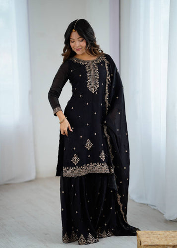 Black Designer Embroidered Crunchy Silk Kediyakurta Sharara Set with Dupatta – Fully Stitched & Ready to Wear ClothsVilla