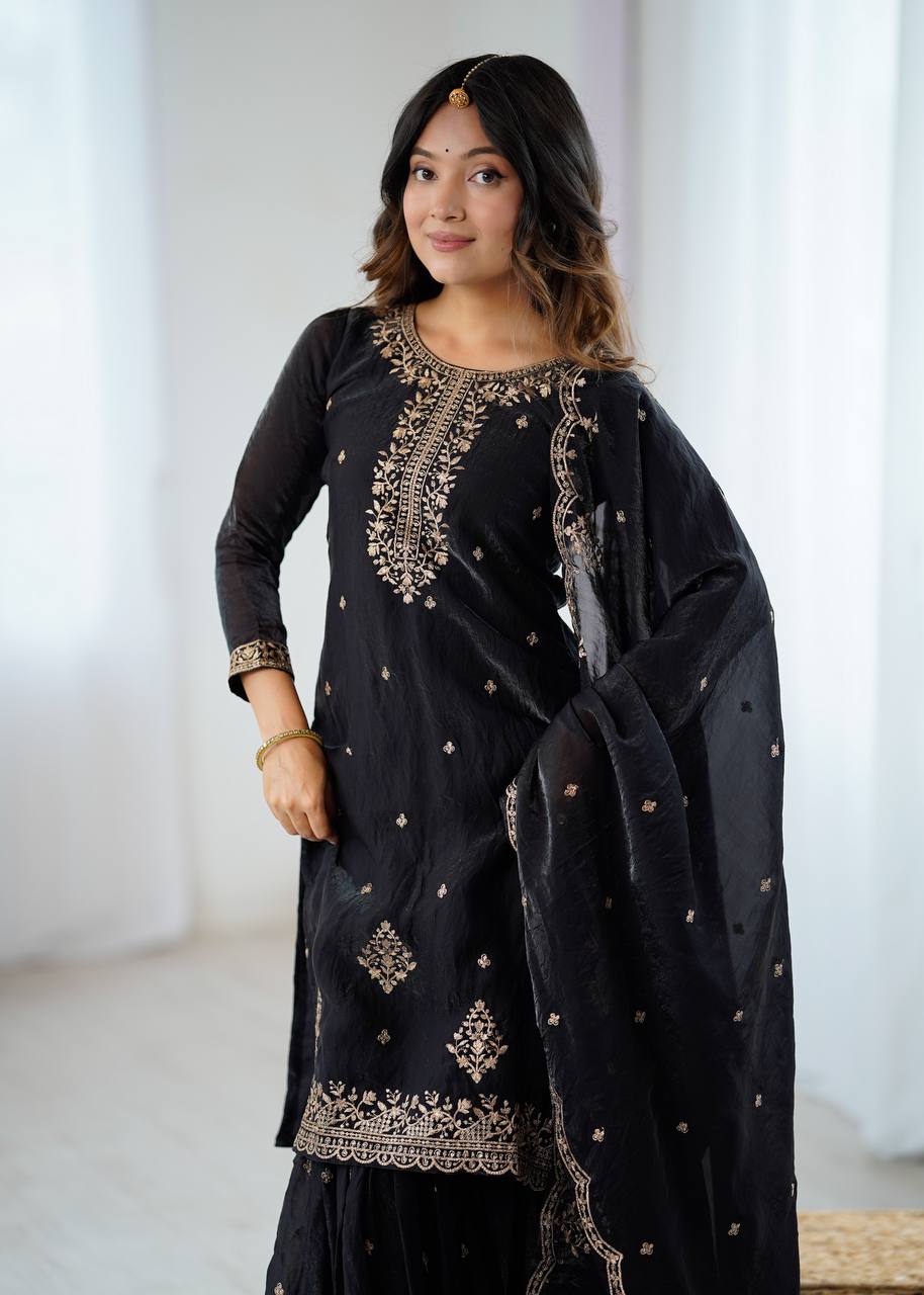 Black Designer Embroidered Crunchy Silk Kediyakurta Sharara Set with Dupatta – Fully Stitched & Ready to Wear ClothsVilla