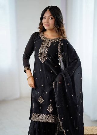 Black Designer Embroidered Crunchy Silk Kediyakurta Sharara Set with Dupatta – Fully Stitched & Ready to Wear ClothsVilla