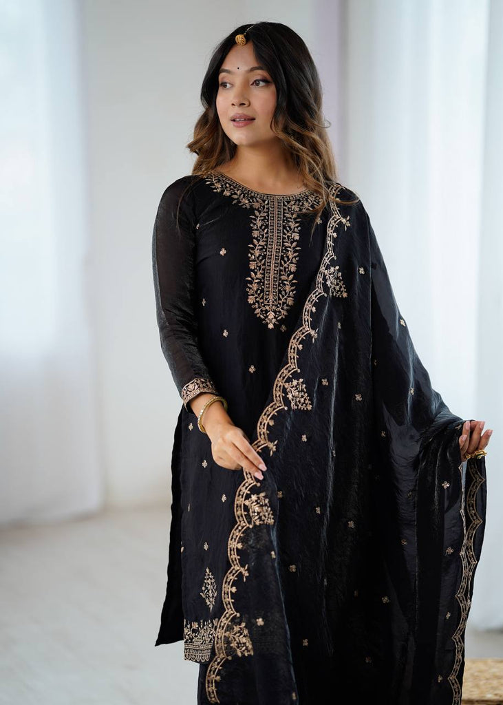 Black Designer Embroidered Crunchy Silk Kediyakurta Sharara Set with Dupatta – Fully Stitched & Ready to Wear ClothsVilla