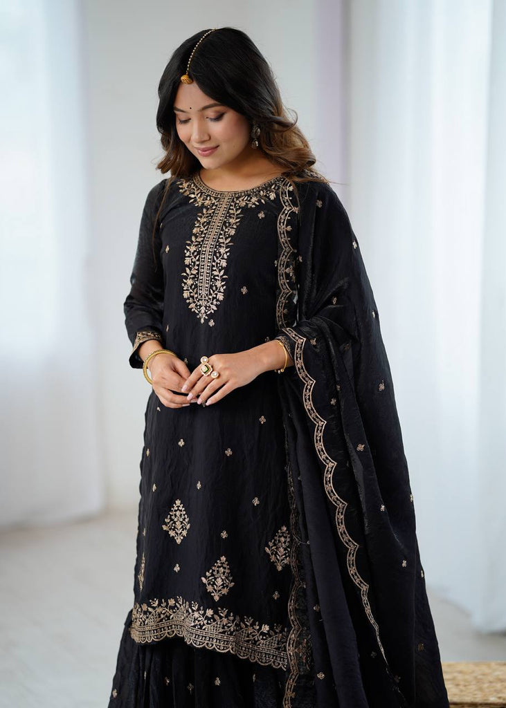 Black Designer Embroidered Crunchy Silk Kediyakurta Sharara Set with Dupatta – Fully Stitched & Ready to Wear ClothsVilla