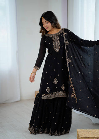Black Designer Embroidered Crunchy Silk Kediyakurta Sharara Set with Dupatta – Fully Stitched & Ready to Wear ClothsVilla