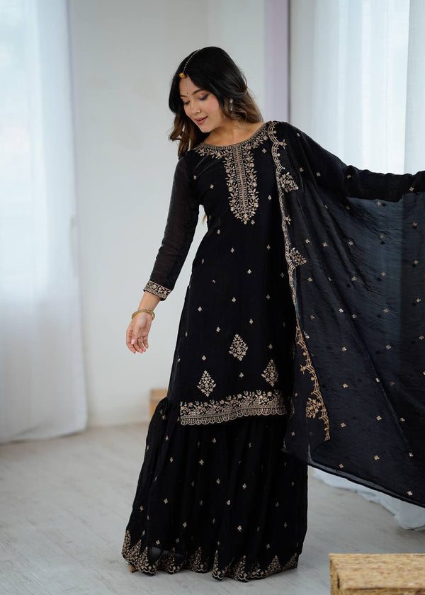 Black Designer Embroidered Crunchy Silk Kediyakurta Sharara Set with Dupatta – Fully Stitched & Ready to Wear ClothsVilla