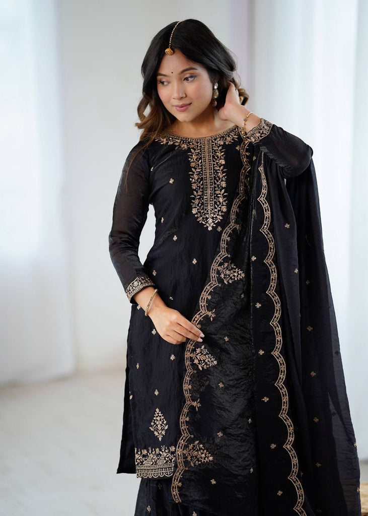Black Designer Embroidered Crunchy Silk Kediyakurta Sharara Set with Dupatta – Fully Stitched & Ready to Wear ClothsVilla