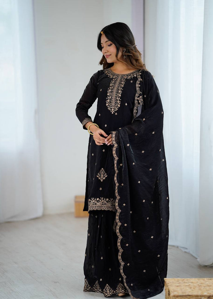 Black Designer Embroidered Crunchy Silk Kediyakurta Sharara Set with Dupatta – Fully Stitched & Ready to Wear ClothsVilla
