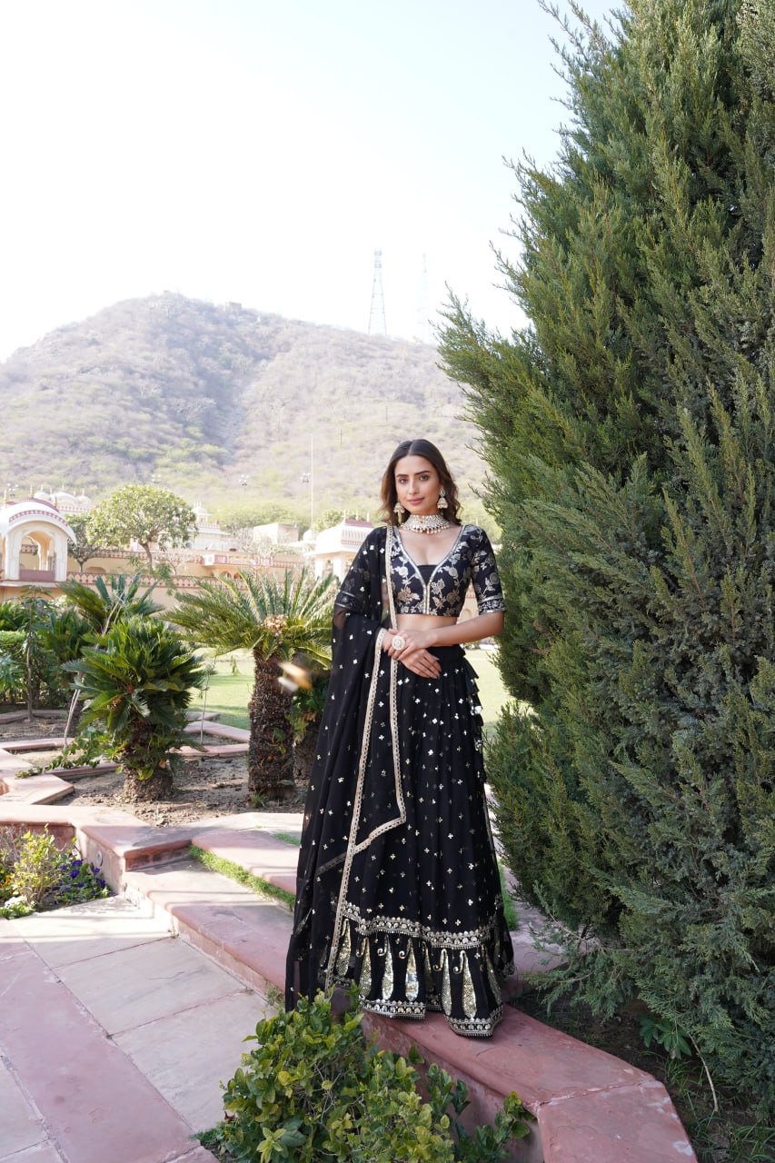 Black Designer Faux Blooming Lehenga Choli with Shimmering Sequins & Lace ClothsVilla