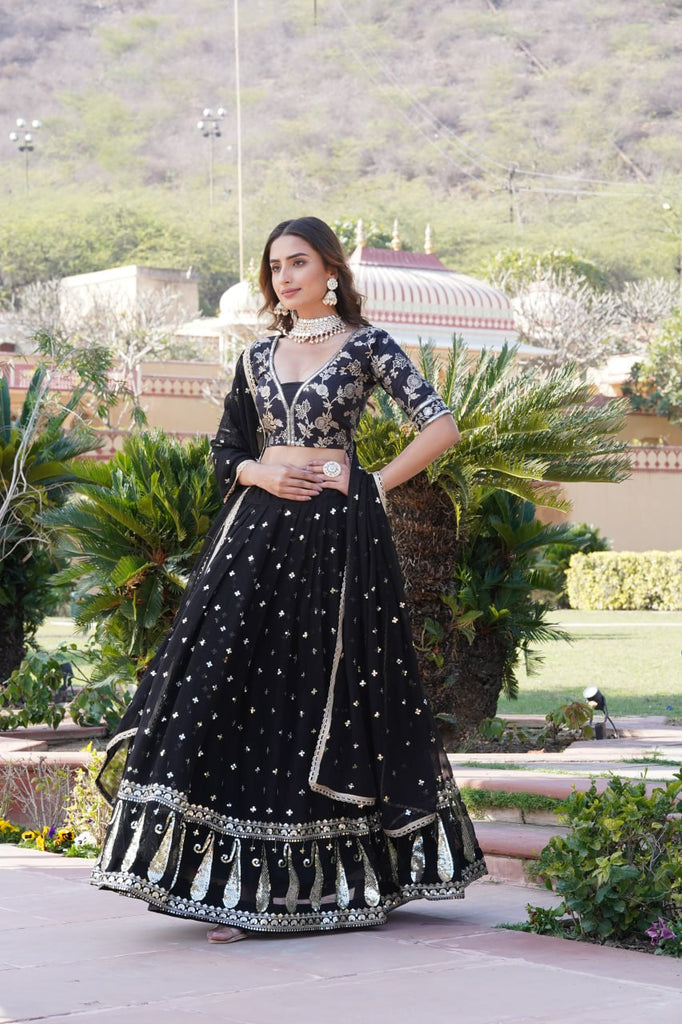 Black Designer Faux Blooming Lehenga Choli with Shimmering Sequins & Lace ClothsVilla