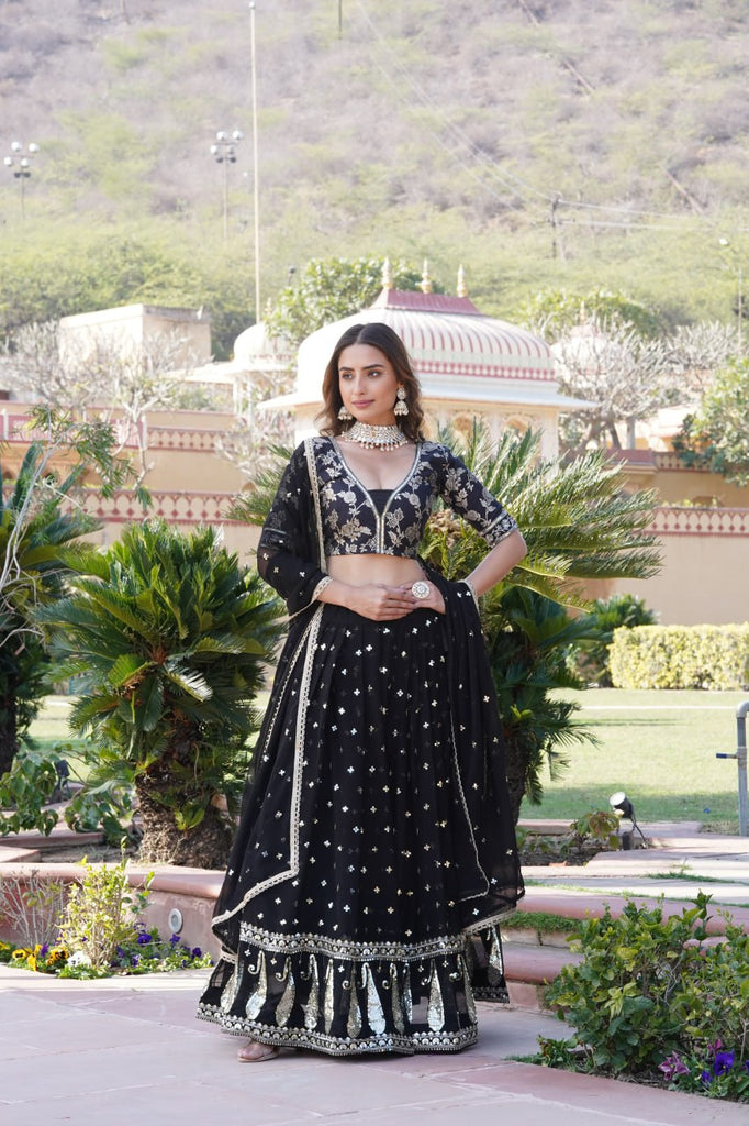 Black Designer Faux Blooming Lehenga Choli with Shimmering Sequins & Lace ClothsVilla