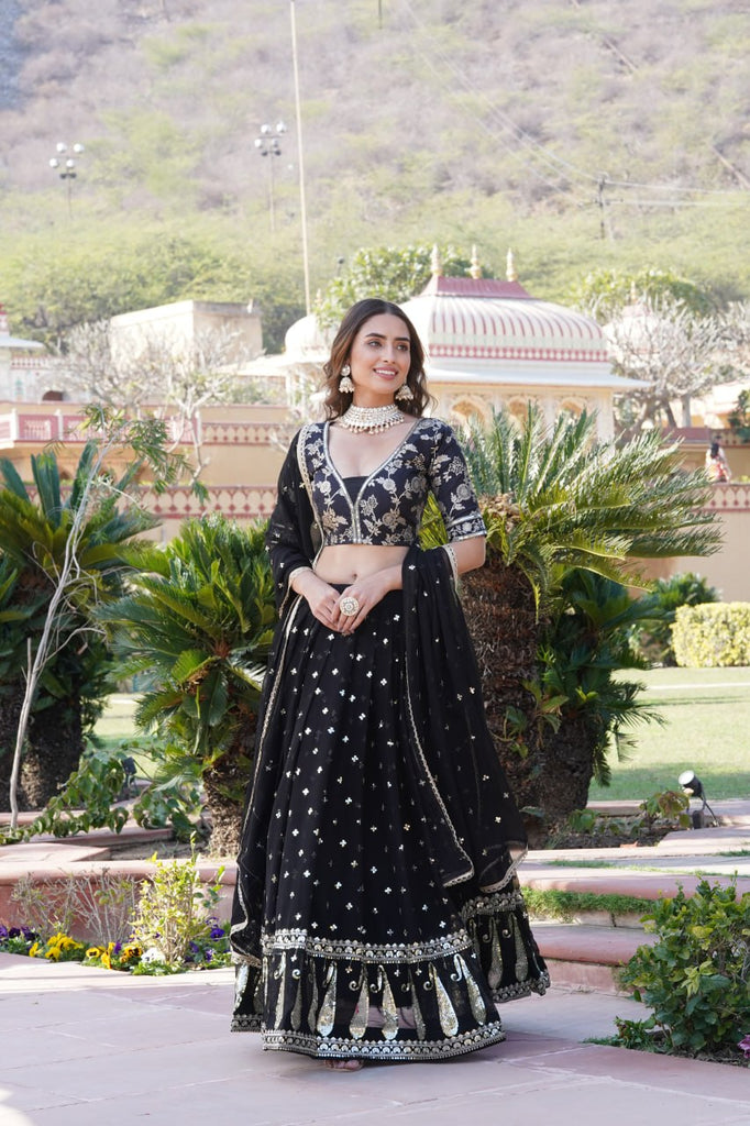 Black Designer Faux Blooming Lehenga Choli with Shimmering Sequins & Lace ClothsVilla