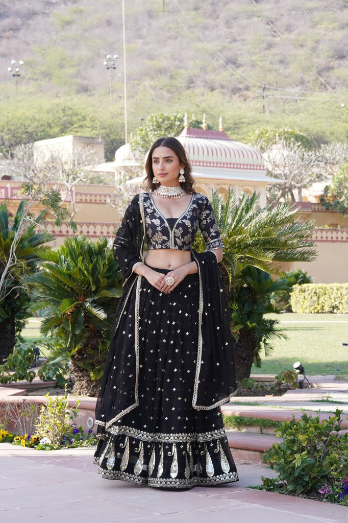 Black Designer Faux Blooming Lehenga Choli with Shimmering Sequins & Lace ClothsVilla