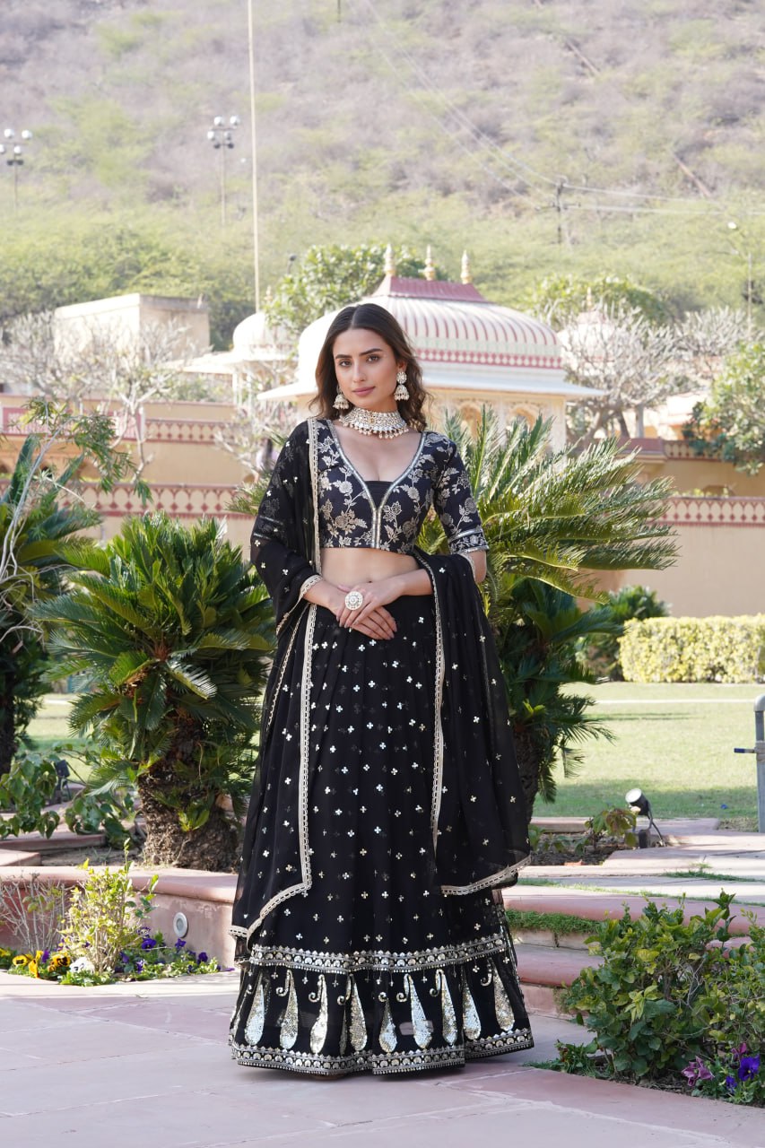 Black Designer Faux Blooming Lehenga Choli with Shimmering Sequins & Lace ClothsVilla Main image