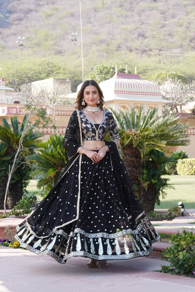 Black Designer Faux Blooming Lehenga Choli with Shimmering Sequins & Lace ClothsVilla