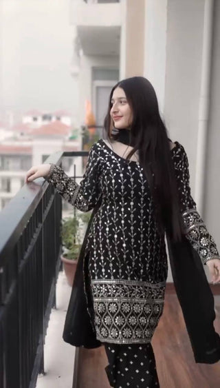 Black Designer Faux Blooming Suit Set with 5mm Sequins Embroidery & Georgette Dupatta ClothsVilla