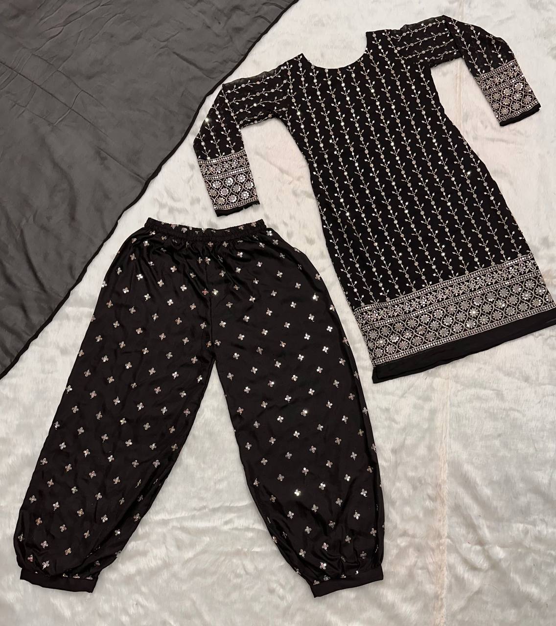 Black Designer Faux Blooming Suit Set with 5mm Sequins Embroidery & Georgette Dupatta ClothsVilla