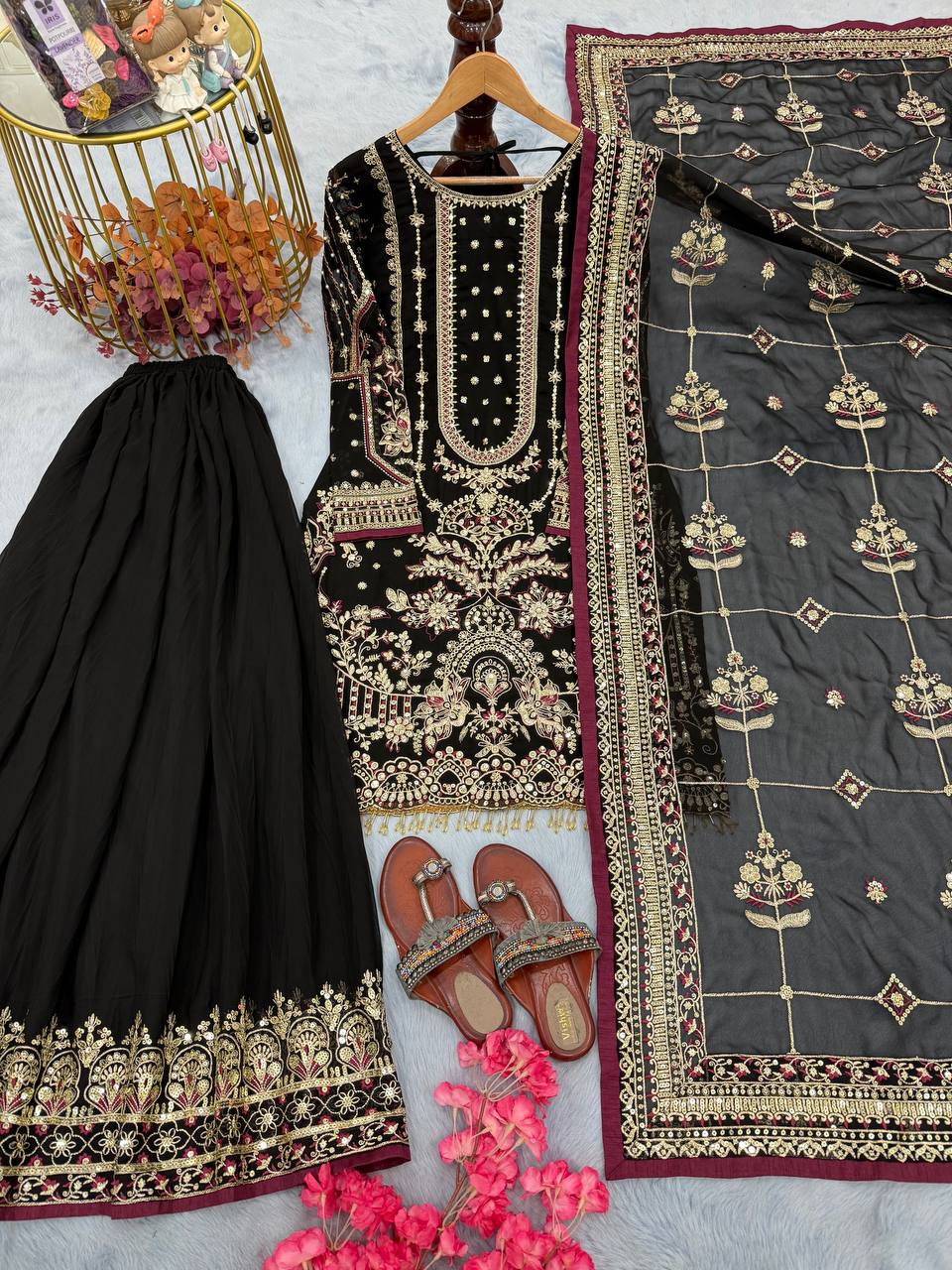 Black Designer Faux Georgette Embroidered Top with Khajuri Crush Palazzo & Matching Dupatta Set ClothsVilla