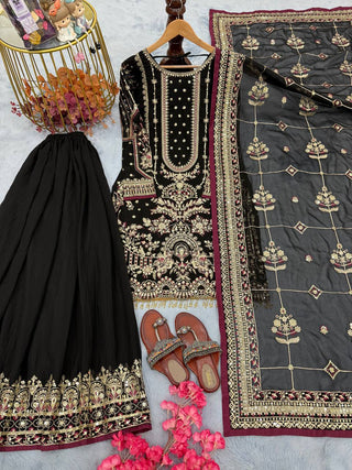 Black Designer Faux Georgette Embroidered Top with Khajuri Crush Palazzo & Matching Dupatta Set ClothsVilla