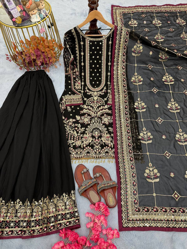 Black Designer Faux Georgette Embroidered Top with Khajuri Crush Palazzo & Matching Dupatta Set ClothsVilla