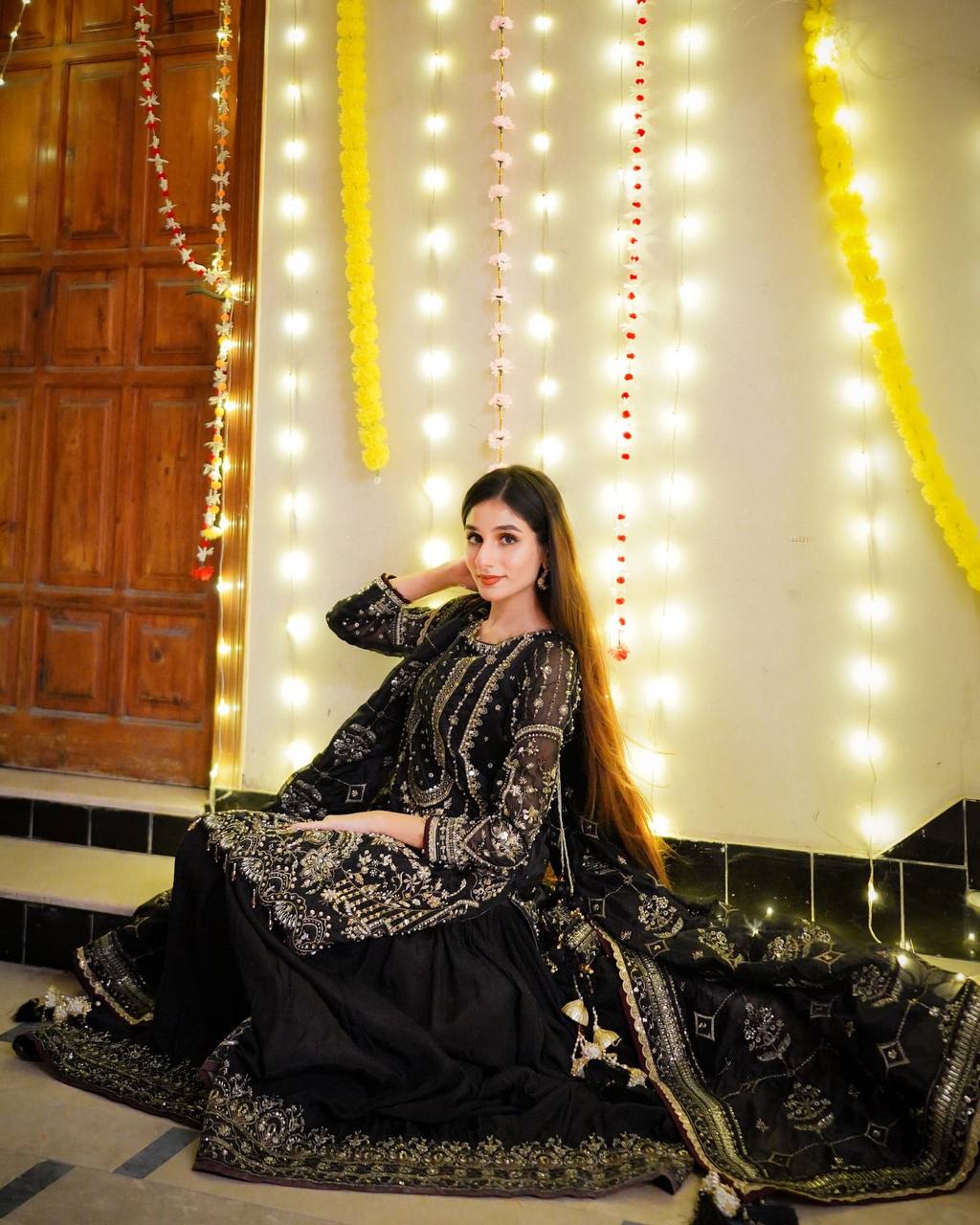 Black Designer Faux Georgette Embroidered Top with Khajuri Crush Palazzo & Matching Dupatta Set ClothsVilla