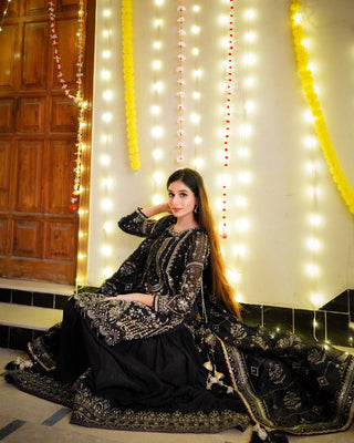 Black Designer Faux Georgette Embroidered Top with Khajuri Crush Palazzo & Matching Dupatta Set ClothsVilla
