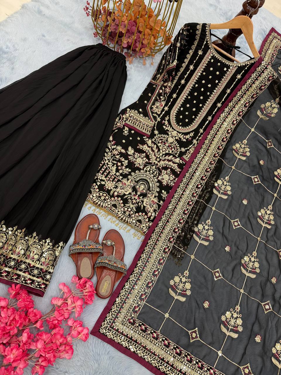 Black Designer Faux Georgette Embroidered Top with Khajuri Crush Palazzo & Matching Dupatta Set ClothsVilla